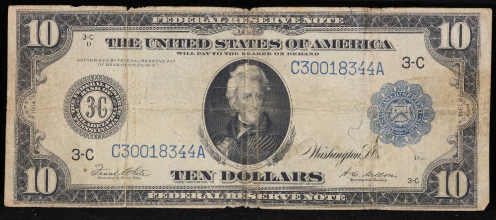 1914 $10 Large Size Blue Seal Federal Reserve Note Philadelphia, PA Grades vf+ FR-915 - 2