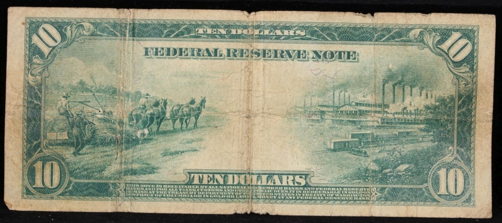 1914 $10 Large Size Blue Seal Federal Reserve Note Philadelphia, PA Grades vf+ FR-915 - 3