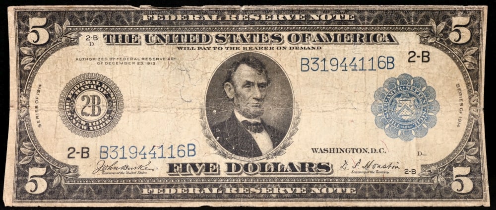 1914 $5 Large Size Blue Seal Federal Reserve Note New York, NY Grades vf+ FR-848 - 2