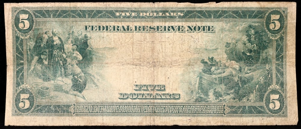 1914 $5 Large Size Blue Seal Federal Reserve Note New York, NY Grades vf+ FR-848 - 3