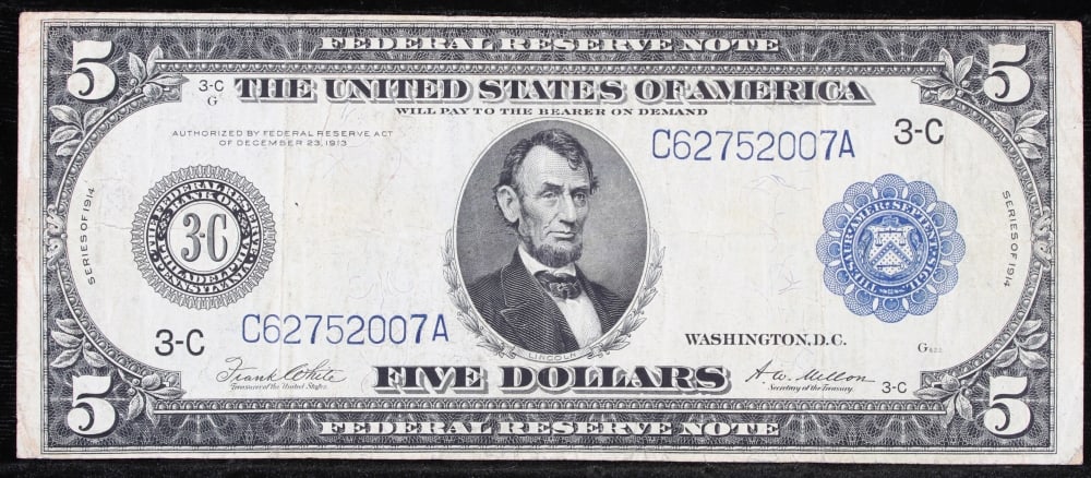 1914 $5 Large Size Blue Seal Federal Reserve Note Philadelphia, PA Grades Select AU FR-855 - 2