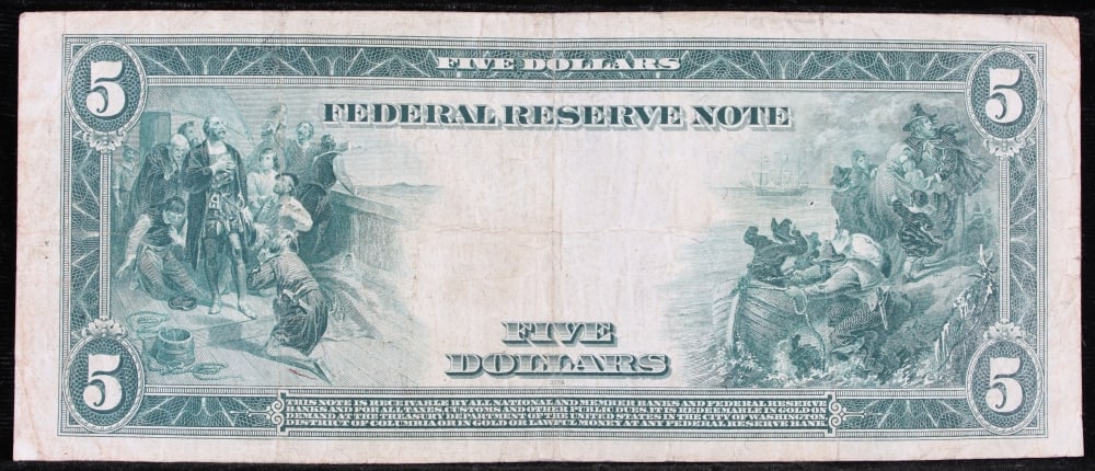 1914 $5 Large Size Blue Seal Federal Reserve Note Philadelphia, PA Grades Select AU FR-855 - 3