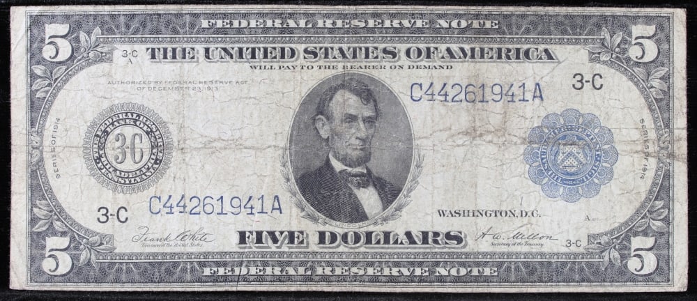1914 $5 Large Size Blue Seal Federal Reserve Note Philadelphia, PA Grades vf+ FR-855 - 2