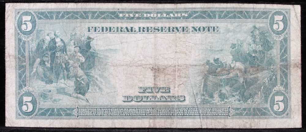 1914 $5 Large Size Blue Seal Federal Reserve Note Philadelphia, PA Grades vf+ FR-855 - 3
