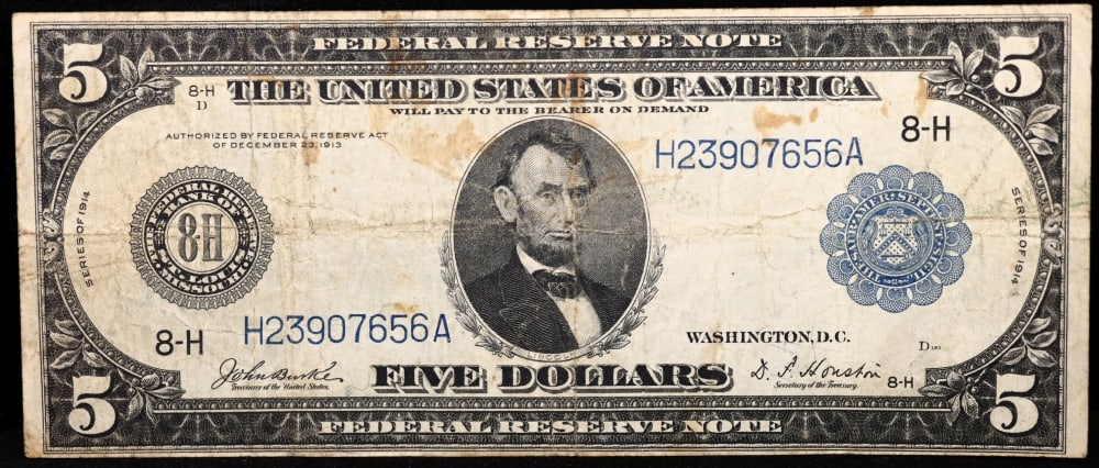 1914 $5 Large Size Blue Seal Federal Reserve Note St. Louis, MO Grades vf+ FR-874 - 2