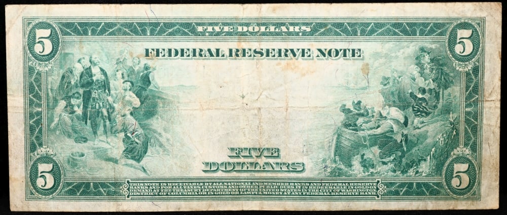 1914 $5 Large Size Blue Seal Federal Reserve Note St. Louis, MO Grades vf+ FR-874 - 3