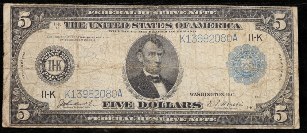 1914 $5 Large Size Blue Seal Federal Reserve Note Dallas, TX Grades vf+ FR-884 - 2