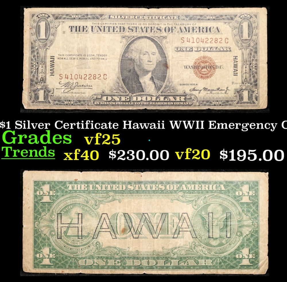 1935A $1 Silver Certificate Hawaii WWII Emergency Currency Grades vf+: 1935A $1 Silver Certificate Hawaii WWII Emergency Currency Grades vf+. FR-2300 Signatures of Julian & Morgenthau WWII Emergency Currency. It was the darkest days of World War II, just after Pearl Harb