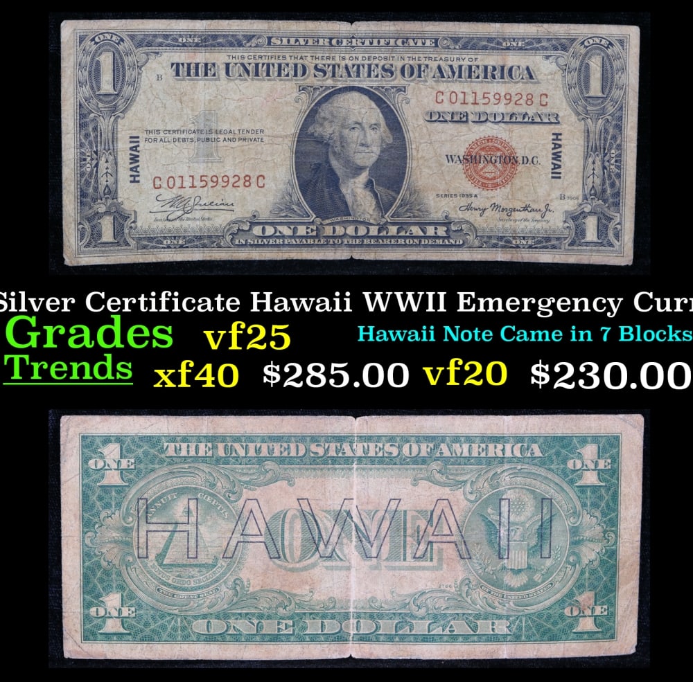 1935A $1 Silver Certificate Hawaii WWII Emergency Currency Rare CC Block Grades vf+: 1935A $1 Silver Certificate Hawaii WWII Emergency Currency Rare CC Block Grades vf+. FR-2300 The $1 Hawaii Note Came in 7 Blocks the SC Block Which is the most common, The LC, PC, CC, and YB Blocks
