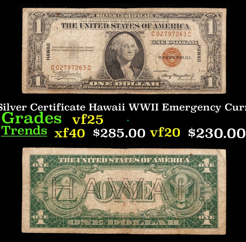 1935A $1 Silver Certificate Hawaii WWII Emergency Currency Grades vf+ Block: 1935A $1 Silver Certificate Hawaii WWII Emergency Currency Grades vf+ Block. FR-2300 The $1 Hawaii Note Came in 7 Blocks the SC Block Which is the most common, The LC, PC, CC, and YB Blocks are All eq