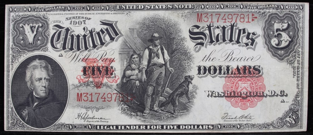1907 $5 Large Size Legal Tender Note "WoodChopper" Grades Select AU Signatures Speelman/White - 2