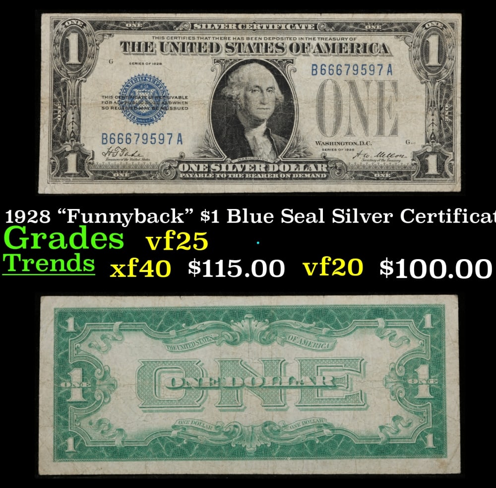 1928 $1 Blue Seal Silver Certificate "Funnyback" Grades vf+: 1928 $1 Blue Seal Silver Certificate "Funnyback" Grades vf+. FR-1600 Signatures Tate-Mellon These were the first notes to be called funnybacks. The reason they are called funnybacks is because of the 