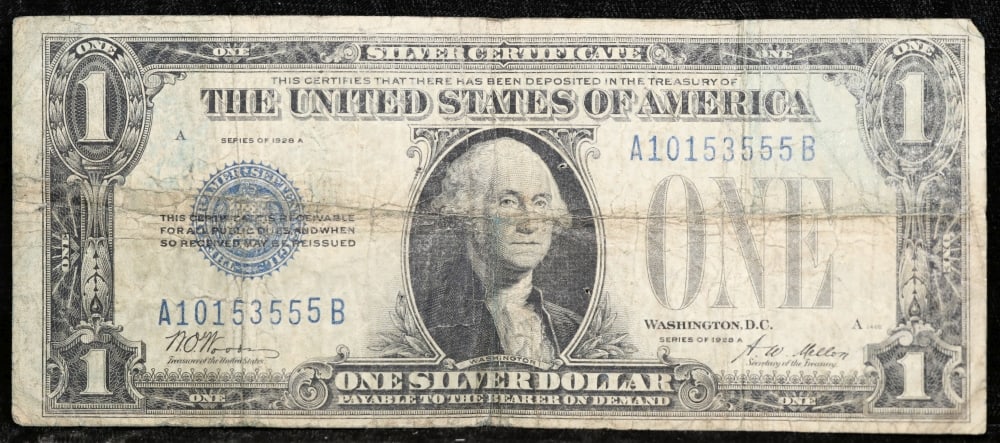 1928A $1 Blue Seal Silver Certificate "Funnyback" Grades vf+ - 2