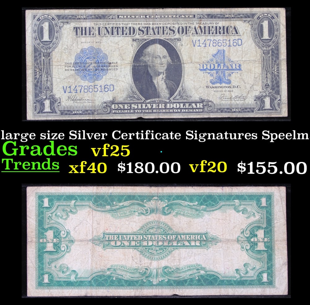 1923 $1 large size Silver Certificate Grades vf+ Signatures Speelman/White: 1923 $1 large size Silver Certificate Grades vf+ Signatures Speelman/White. Fr-237 The term “horse blanket” gets used a lot when talking about large size currency. It is most frequently us