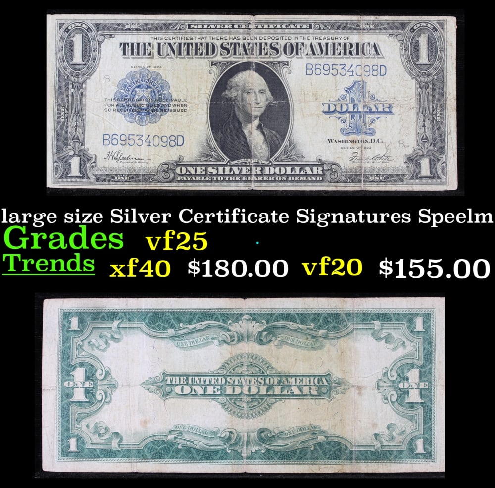 1923 $1 large size Silver Certificate Grades vf+ Signatures Speelman/White: 1923 $1 large size Silver Certificate Grades vf+ Signatures Speelman/White. Fr-237 The term “horse blanket” gets used a lot when talking about large size currency. It is most frequently us