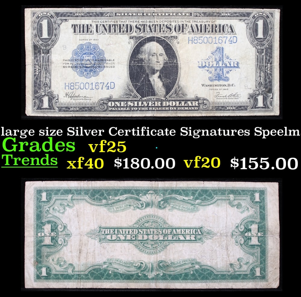 1923 $1 large size Silver Certificate Grades vf+ Signatures Speelman/White: 1923 $1 large size Silver Certificate Grades vf+ Signatures Speelman/White. Fr-237 The term “horse blanket” gets used a lot when talking about large size currency. It is most frequently us