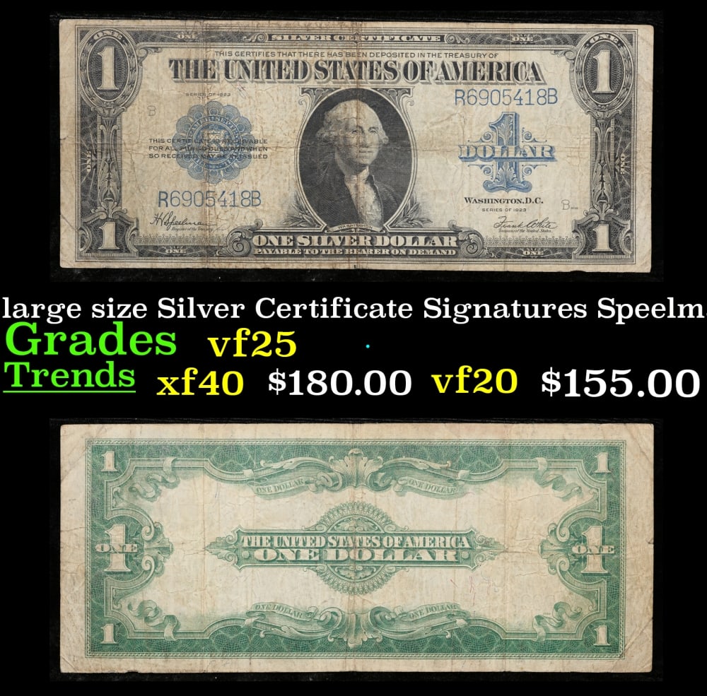 1923 $1 large size Silver Certificate Grades vf+ Signatures Speelman/White: 1923 $1 large size Silver Certificate Grades vf+ Signatures Speelman/White. Fr-237 The term “horse blanket” gets used a lot when talking about large size currency. It is most frequently us