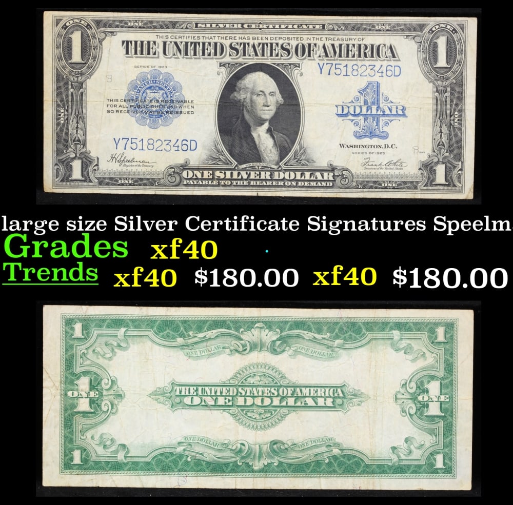 1923 $1 large size Silver Certificate Grades xf Signatures Speelman/White: 1923 $1 large size Silver Certificate Grades xf Signatures Speelman/White. Fr-237 The term “horse blanket” gets used a lot when talking about large size currency. It is most frequently use