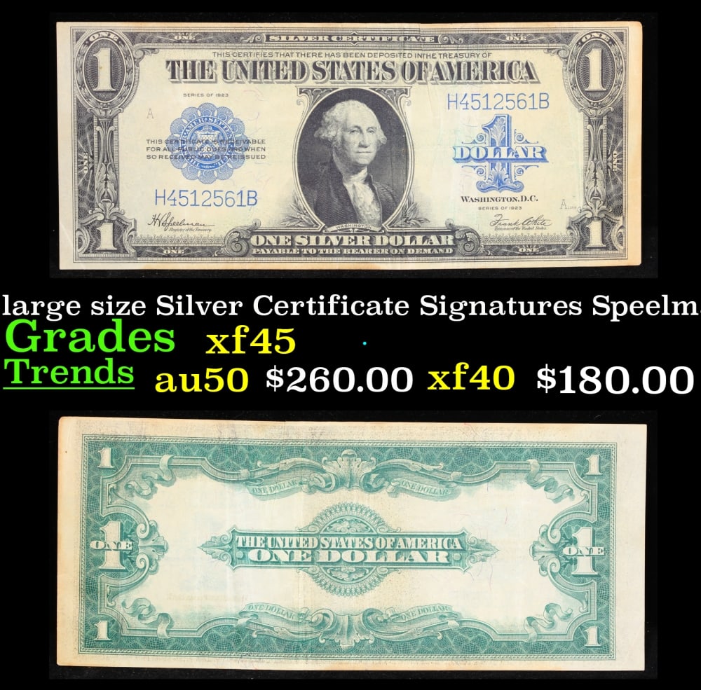 1923 $1 large size Silver Certificate Grades xf+ Signatures Speelman/White: 1923 $1 large size Silver Certificate Grades xf+ Signatures Speelman/White. Fr-237 The term “horse blanket” gets used a lot when talking about large size currency. It is most frequently us