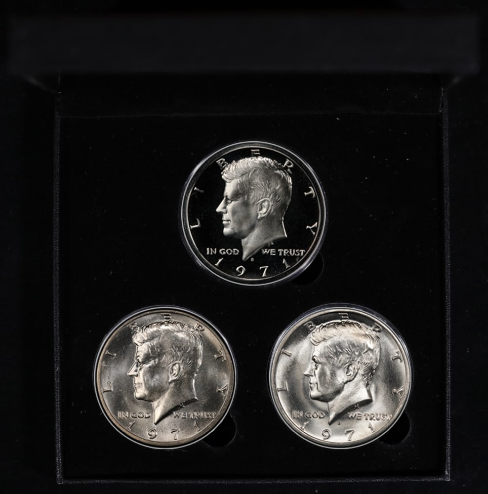 Complete 3 PC. 1971 Kennedy Half Dollar 50c set In Custom Box W/ Special Backer Card BU & Proof C... - 2