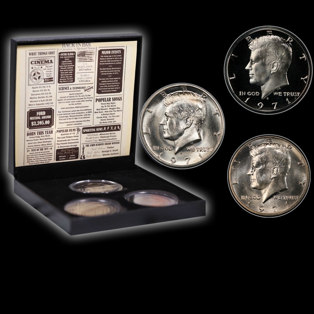 Complete 3 PC. 1971 Kennedy Half Dollar 50c set In Custom Box W/ Special Backer Card BU & Proof C... - 4