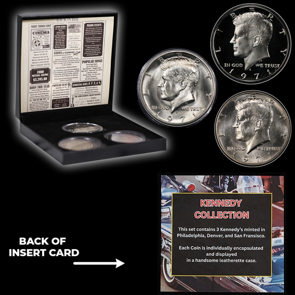 Complete 3 PC. 1971 Kennedy Half Dollar 50c set In Custom Box W/ Special Backer Card BU & Proof C... - 5