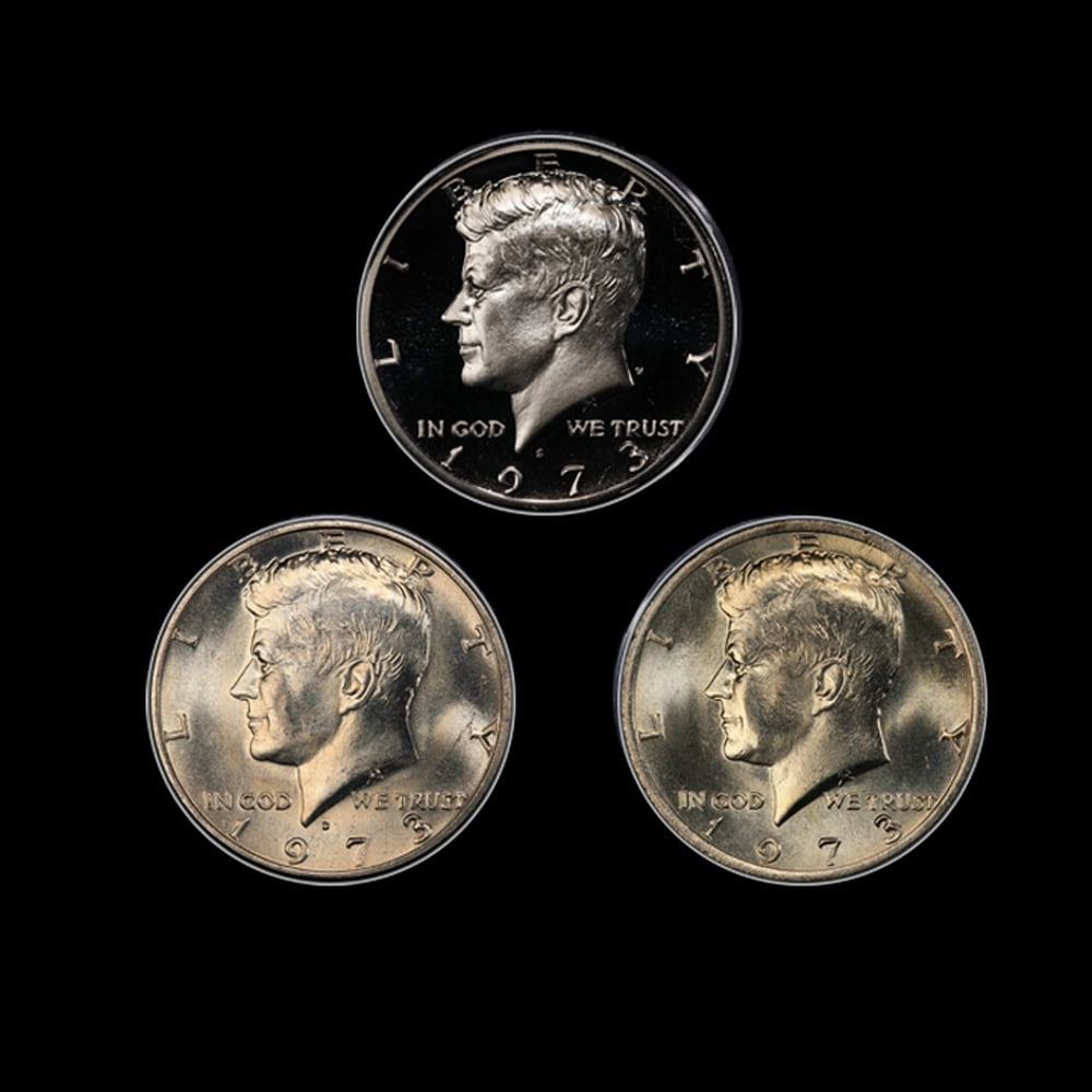 Complete 3 PC. 1973 Kennedy Half Dollar 50c set In Custom Box W/ Special Backer Card BU & Proof C... - 2