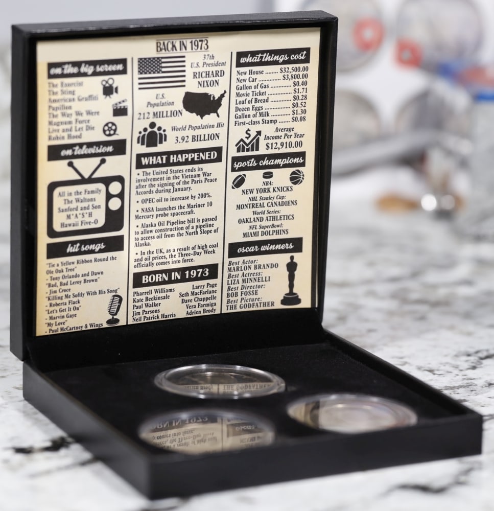 Complete 3 PC. 1973 Kennedy Half Dollar 50c set In Custom Box W/ Special Backer Card BU & Proof C... - 3
