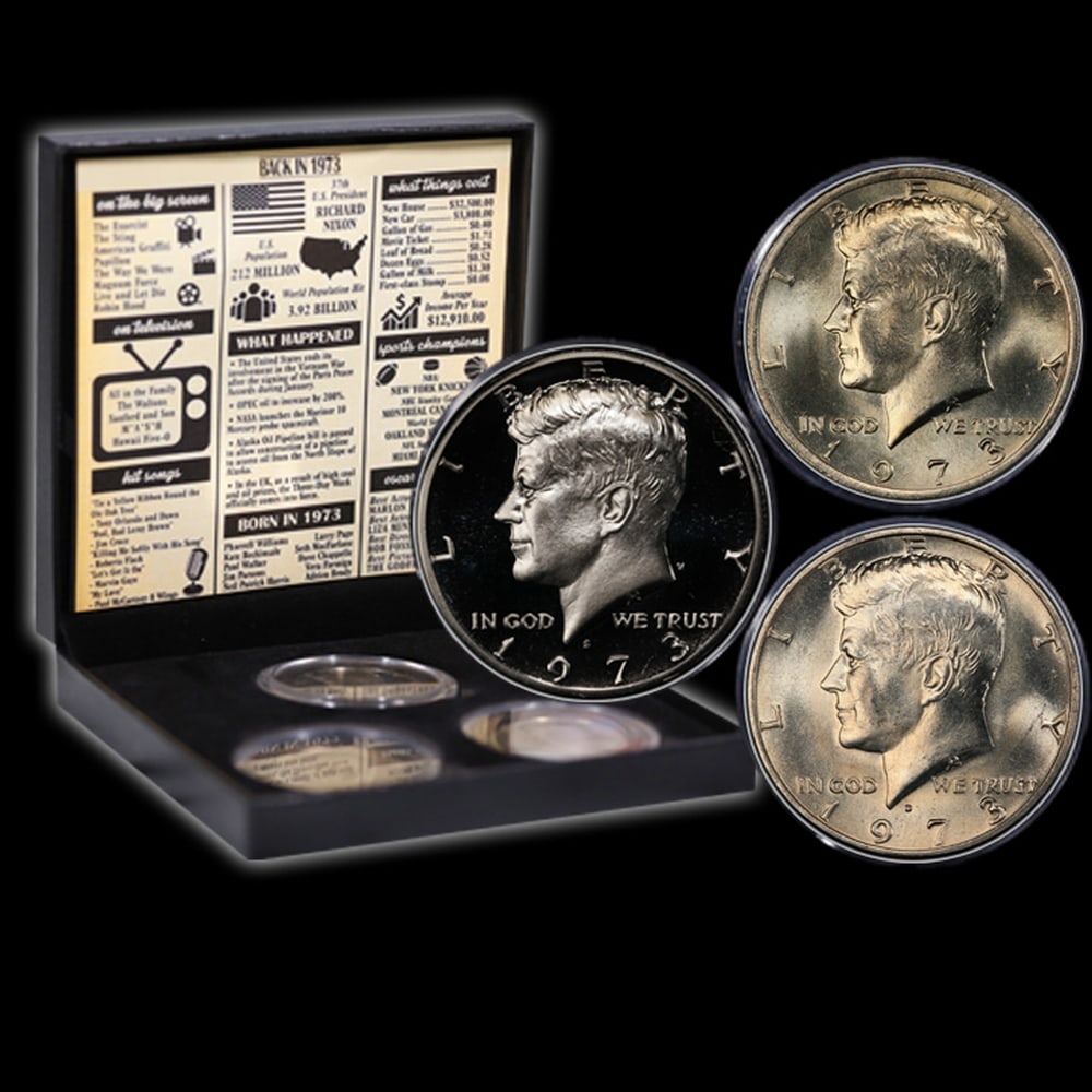Complete 3 PC. 1973 Kennedy Half Dollar 50c set In Custom Box W/ Special Backer Card BU & Proof C... - 4