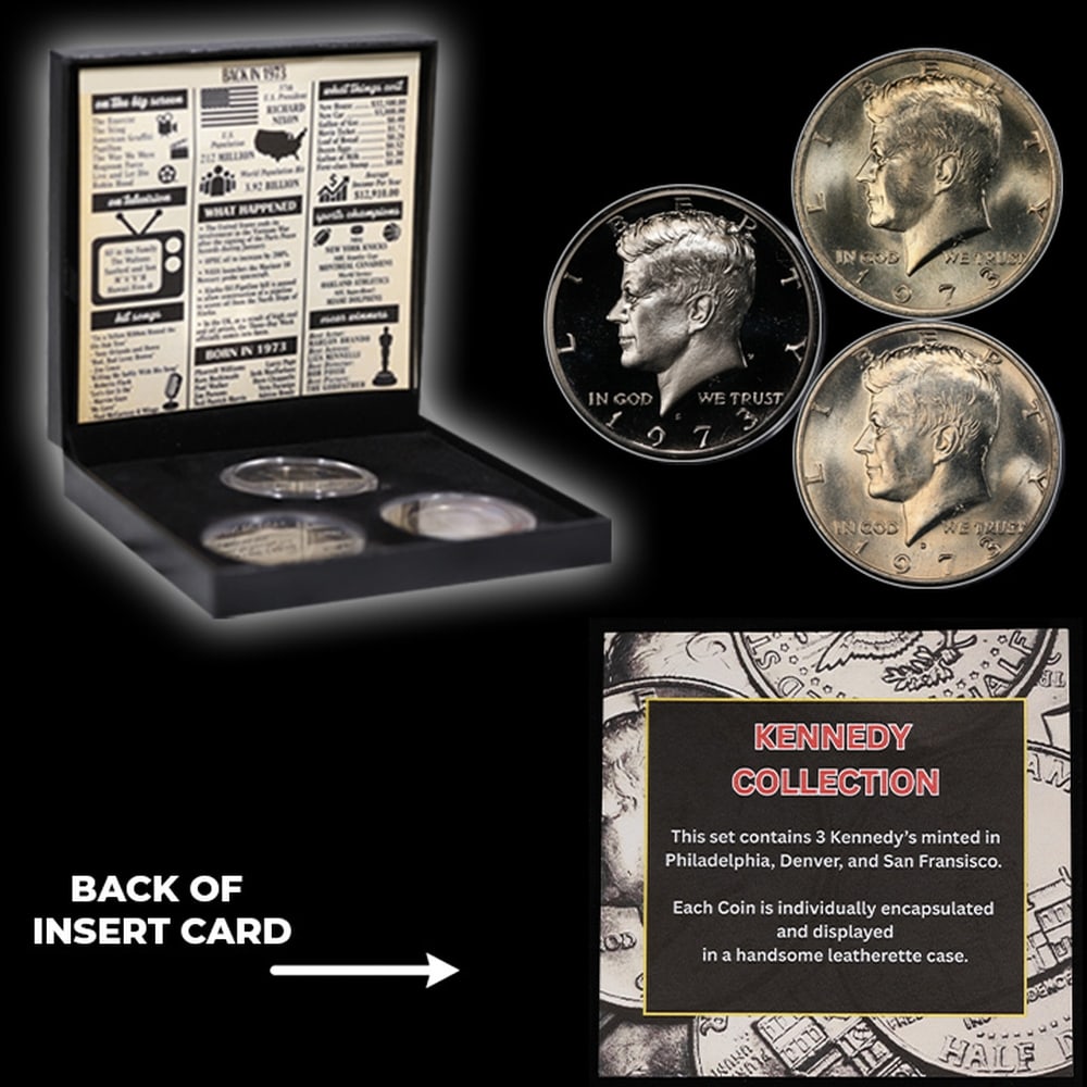 Complete 3 PC. 1973 Kennedy Half Dollar 50c set In Custom Box W/ Special Backer Card BU & Proof C... - 5