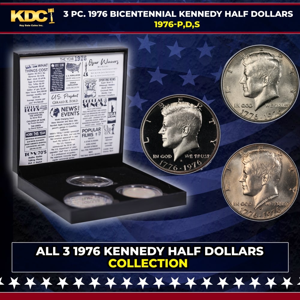 Complete 3 PC. 1976 Bicentennial Kennedy Half Dollar 50c set In Custom Box W/ Special Backer Card...: Complete 3 PC. 1976 Bicentennial Kennedy Half Dollar 50c set In Custom Box W/ Special Backer Card BU & Proof COOL!. Please Note All Backer Cards may have slight differences but will be very similar