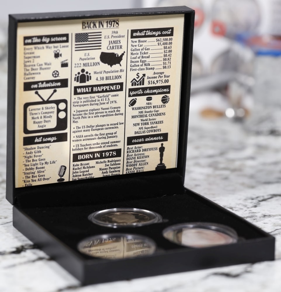 Complete 3 PC. 1978 Kennedy Half Dollar 50c set In Custom Box W/ Special Backer Card BU & Proof C... - 3