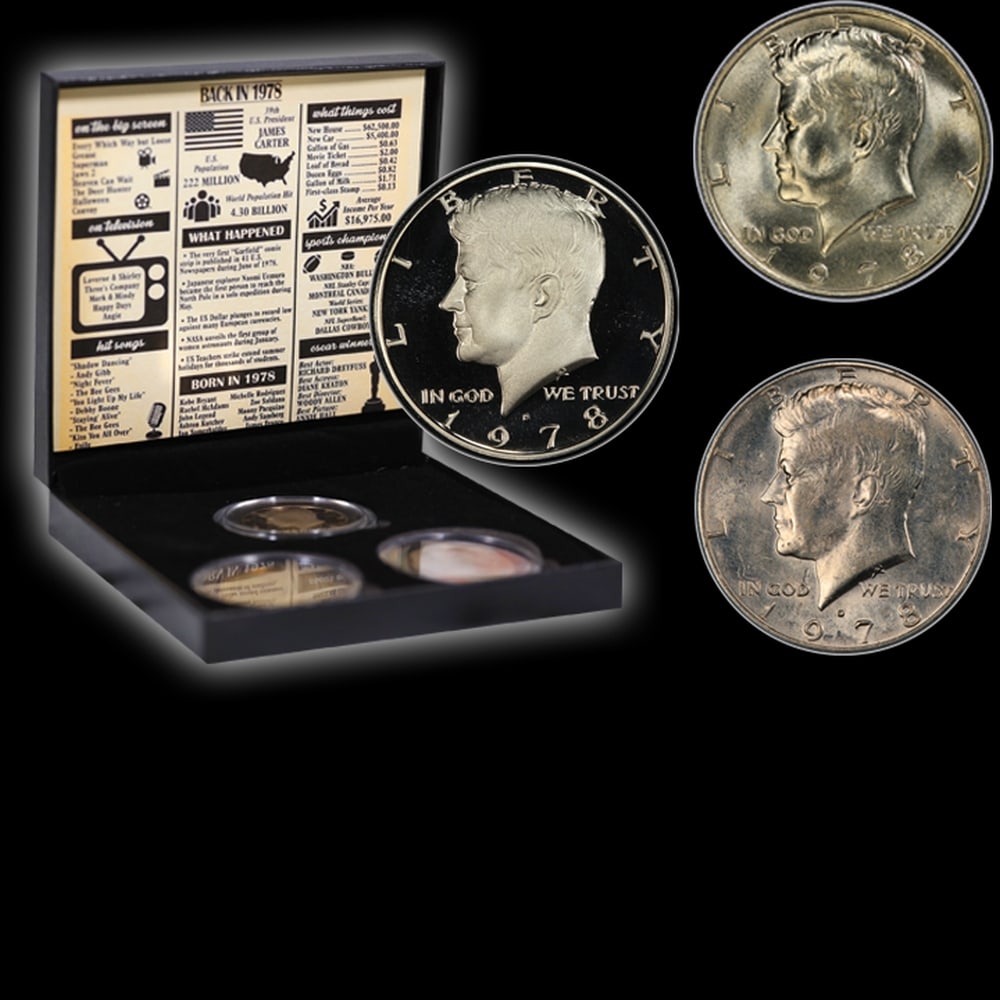 Complete 3 PC. 1978 Kennedy Half Dollar 50c set In Custom Box W/ Special Backer Card BU & Proof C... - 4