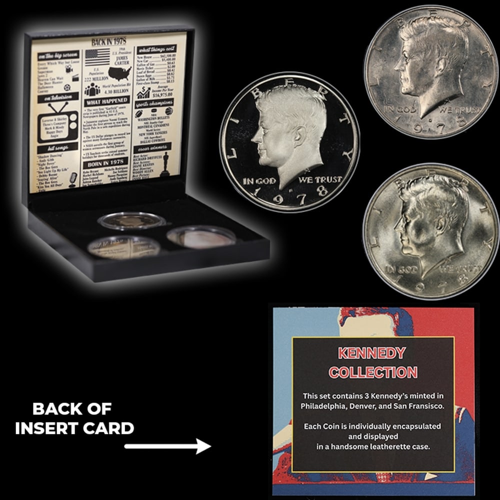 Complete 3 PC. 1978 Kennedy Half Dollar 50c set In Custom Box W/ Special Backer Card BU & Proof C... - 5