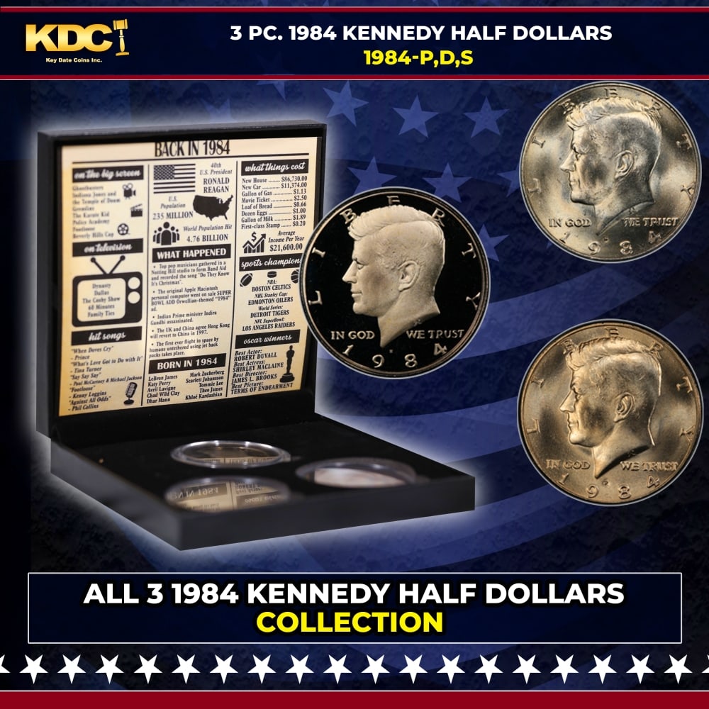 Complete 3 PC. 1984 Kennedy Half Dollar 50c set In Custom Box W/ Special Backer Card BU & Proof C...: Complete 3 PC. 1984 Kennedy Half Dollar 50c set In Custom Box W/ Special Backer Card BU & Proof COOL!. Please Note All Backer Cards may have slight differences but will be very similar if not identica