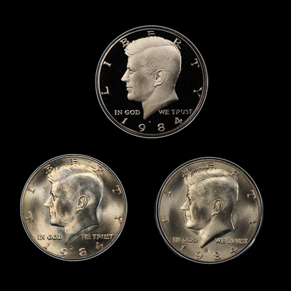 Complete 3 PC. 1984 Kennedy Half Dollar 50c set In Custom Box W/ Special Backer Card BU & Proof C... - 2