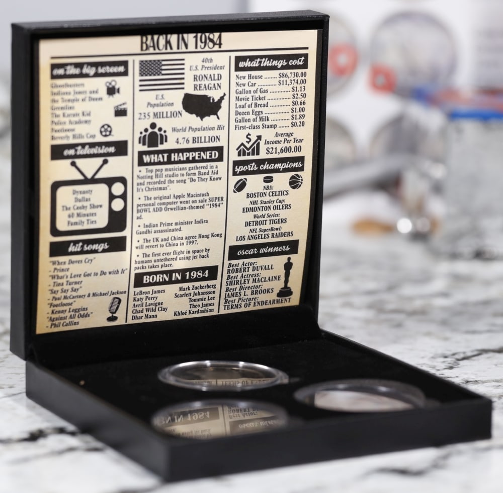 Complete 3 PC. 1984 Kennedy Half Dollar 50c set In Custom Box W/ Special Backer Card BU & Proof C... - 3
