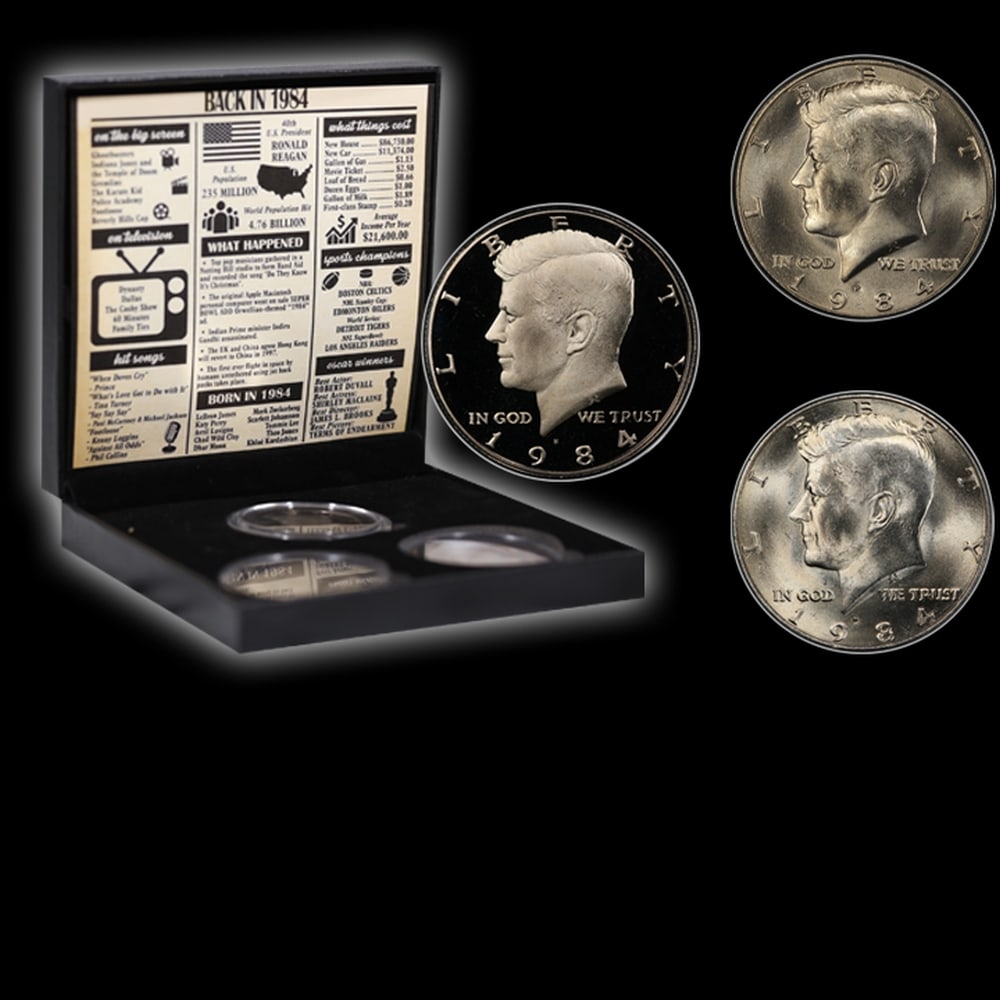 Complete 3 PC. 1984 Kennedy Half Dollar 50c set In Custom Box W/ Special Backer Card BU & Proof C... - 4