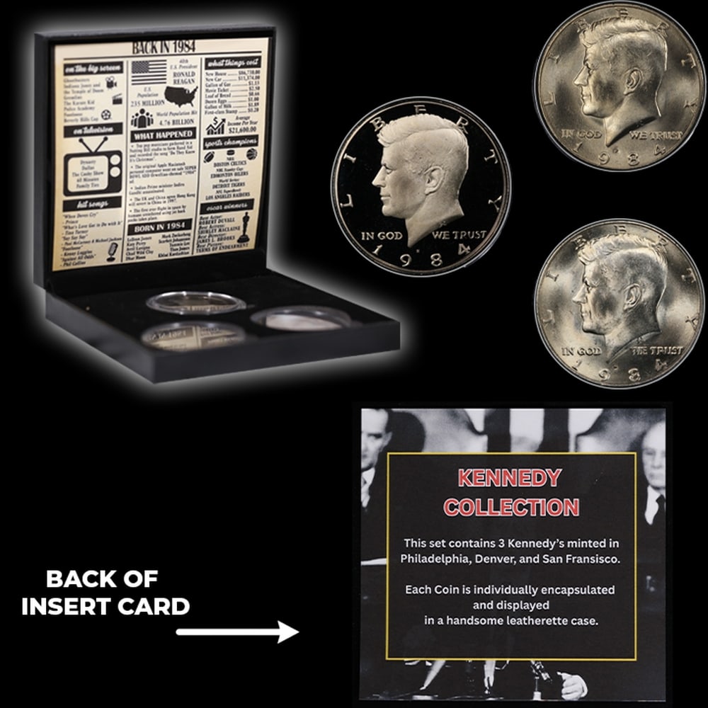 Complete 3 PC. 1984 Kennedy Half Dollar 50c set In Custom Box W/ Special Backer Card BU & Proof C... - 5