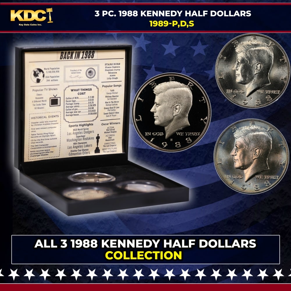 Complete 3 PC. 1988 Kennedy Half Dollar 50c set In Custom Box W/ Special Backer Card BU & Proof C...: Complete 3 PC. 1988 Kennedy Half Dollar 50c set In Custom Box W/ Special Backer Card BU & Proof COOL!. Please Note All Backer Cards may have slight differences but will be very similar if not identica