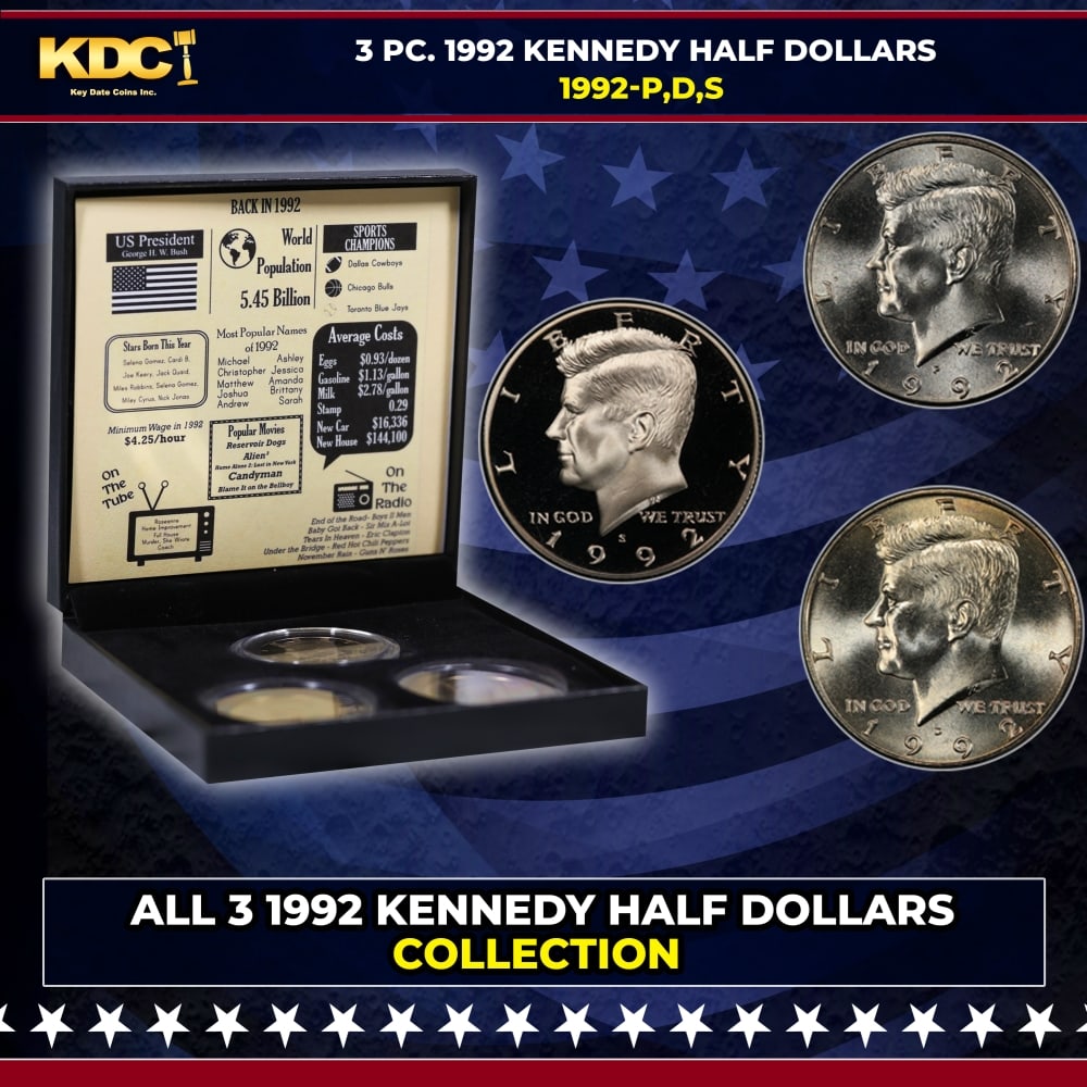 Complete 3 PC. 1992 Kennedy Half Dollar 50c set In Custom Box W/ Special Backer Card BU & Proof C...: Complete 3 PC. 1992 Kennedy Half Dollar 50c set In Custom Box W/ Special Backer Card BU & Proof COOL!. Please Note All Backer Cards may have slight differences but will be very similar if not identica