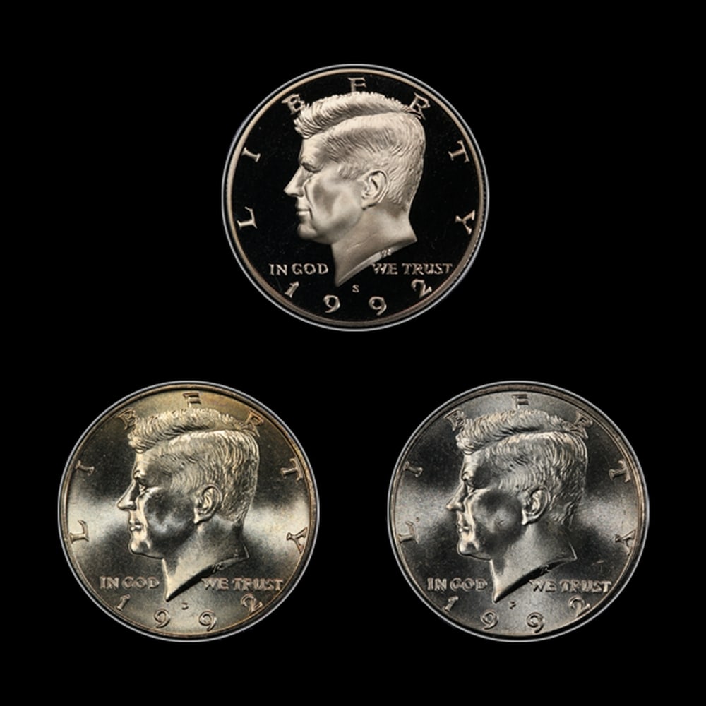 Complete 3 PC. 1992 Kennedy Half Dollar 50c set In Custom Box W/ Special Backer Card BU & Proof C... - 2