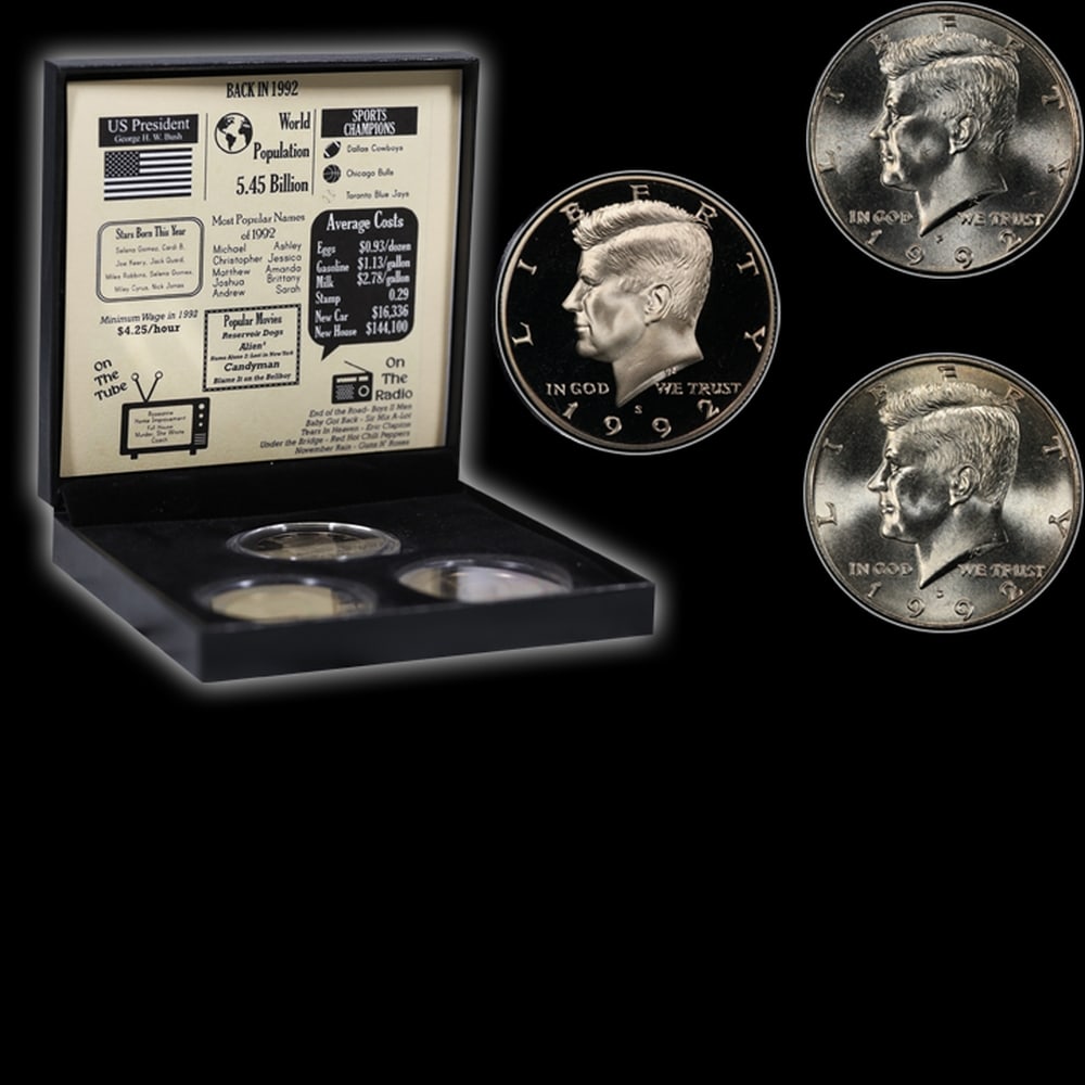 Complete 3 PC. 1992 Kennedy Half Dollar 50c set In Custom Box W/ Special Backer Card BU & Proof C... - 4