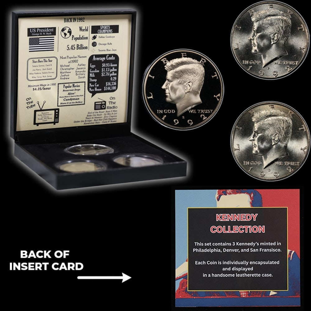 Complete 3 PC. 1992 Kennedy Half Dollar 50c set In Custom Box W/ Special Backer Card BU & Proof C... - 5