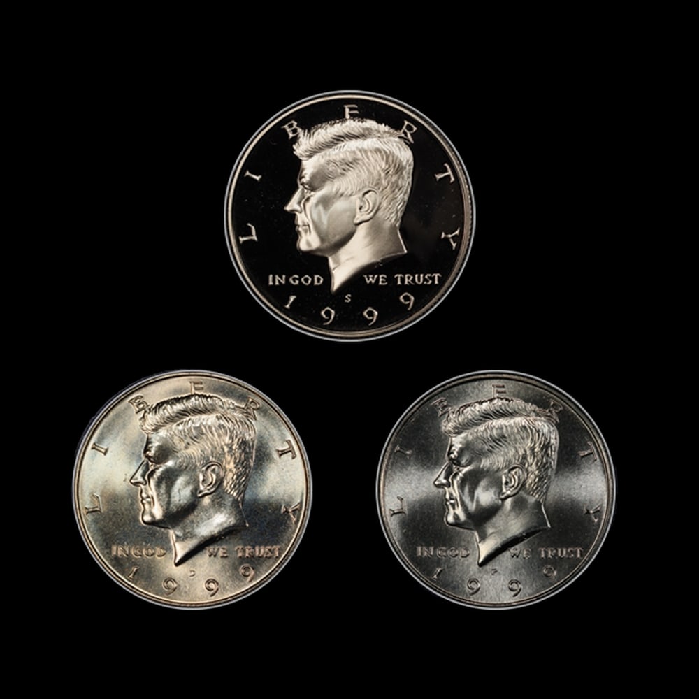 Complete 3 PC. 1999 Kennedy Half Dollar 50c set In Custom Box W/ Special Backer Card BU & Proof C... - 2
