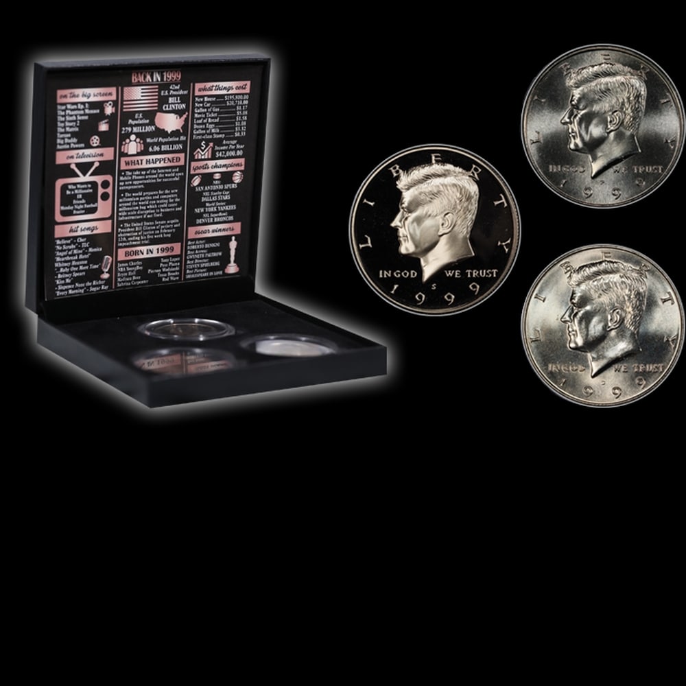 Complete 3 PC. 1999 Kennedy Half Dollar 50c set In Custom Box W/ Special Backer Card BU & Proof C... - 4