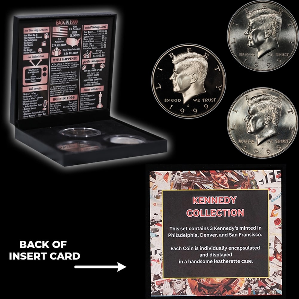 Complete 3 PC. 1999 Kennedy Half Dollar 50c set In Custom Box W/ Special Backer Card BU & Proof C... - 5