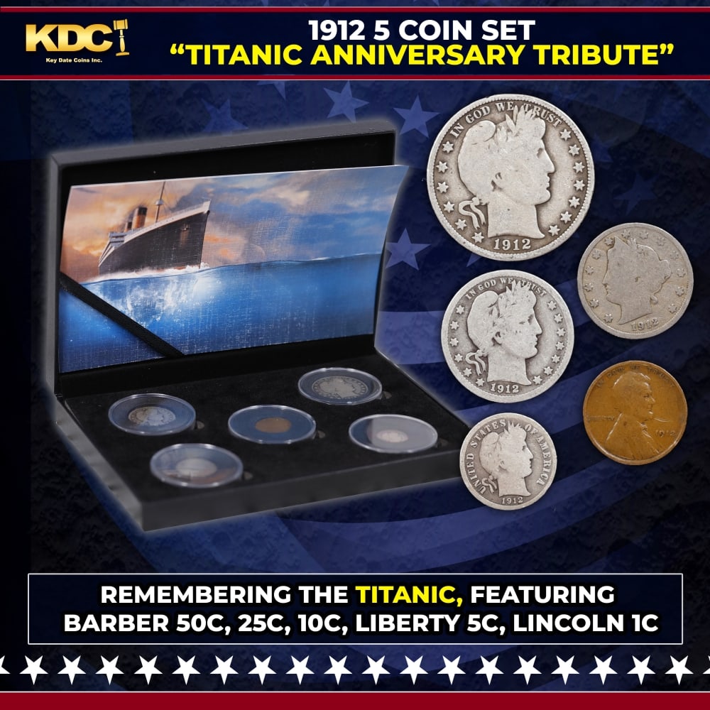 1912 5 Coin "Titanic Anniversary Tribute" Set Barber 50c, 25c, 10c, Liberty 5c, Lincoln 1c: 1912 5 Coin "Titanic Anniversary Tribute" Set Barber 50c, 25c, 10c, Liberty 5c, Lincoln 1c. One of the worst disasters in maritime history occurred on April 15, 1912. The luxury liner struck an iceber