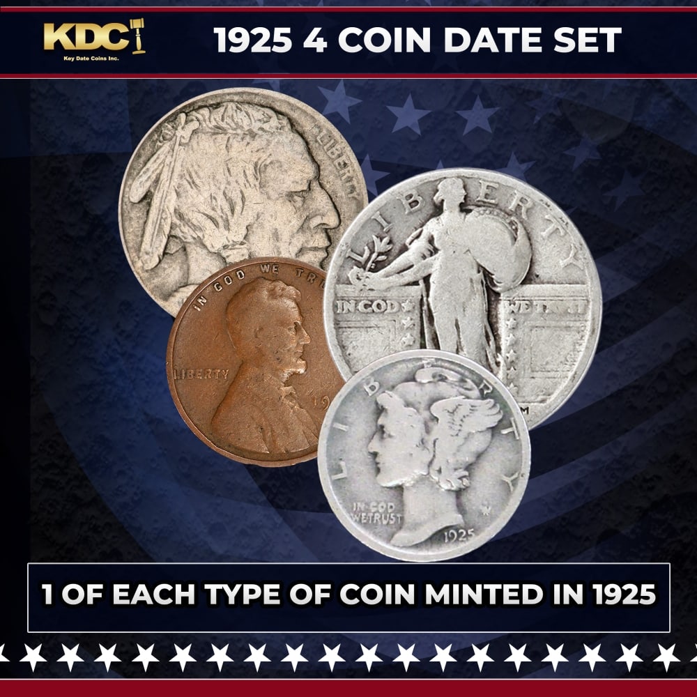 1925 5 Coin Date Set, 1 Of Each Type Of Coin Minted in 1925: 1925 5 Coin Date Set, 1 Of Each Type Of Coin Minted in 1925. Please Note All Backer Cards may have slight differences but will be very similar if not identical to the one in the photo