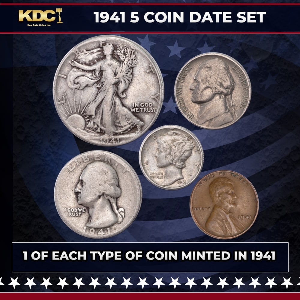 1941 WWII 5 Coin Date Set, 1 Of Each Type Of Coin Minted in 1941: 1941 WWII 5 Coin Date Set, 1 Of Each Type Of Coin Minted in 1941. If you're a fan of U.S. coins, you'll love this Year Set from 1941. It includes some of America's most sought-after coins. These hard-
